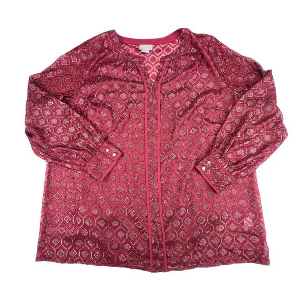Liz Claiborne Blouse 1X Red Burnout Jacquard Textured Pattern Balloon Sleeve Top - Picture 1 of 10